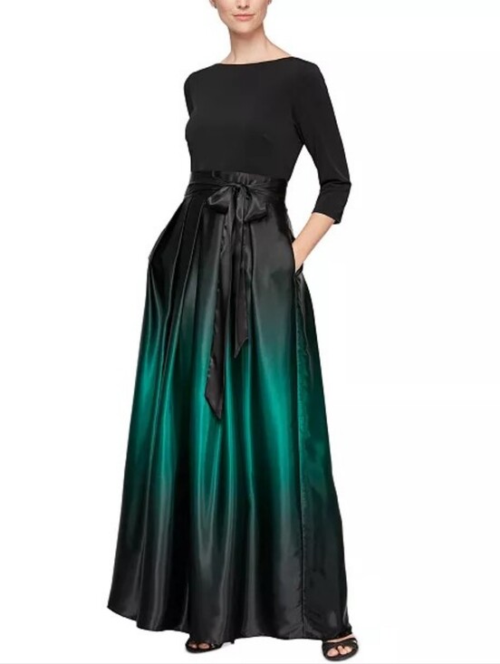 SLNY Dresses & Skirts - SLNY Black to Emerald Green Ombre Satin Maxi Dress Gown Sash Pockets Size 14
